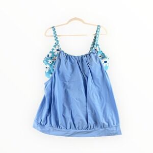 Blue Floral Blouson Tankini Top Daisy Print Polka Dot Straps 2XL Swimwear